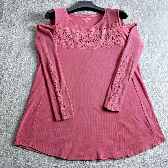 Soft Surroundings Womens Cold Shoulder Thermal Top L Boho Lace Tunic Pink Cotton - Picture 10 of 13